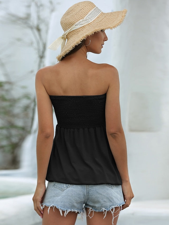 Going Out Tops Bandeau Concert Tops Black White Wine Plain Smocked Strapless Sleeveless Party Holiday Streetwear Hawaiian Sexy Strapless Regular Slim S for Women - LuckyFash™
