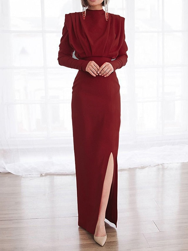 Womenâ€˜s Formal Party Dress Wedding Guest Dress Sheath Dress Long Dress Maxi Dress Black Red Long Sleeve Pure Color Ruched Winter Fall Autumn Turtleneck Fashion Winter Dress 2023 XS S M L XL XXL - LuckyFash™