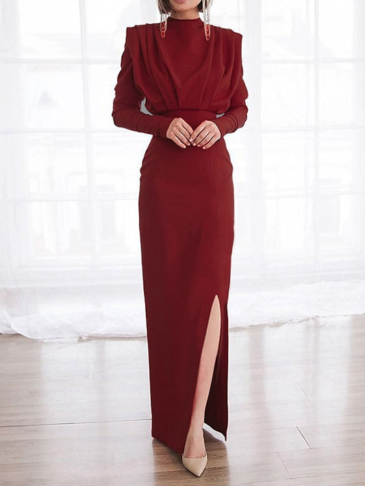 Womenâ€˜s Formal Party Dress Wedding Guest Dress Sheath Dress Long Dress Maxi Dress Black Red Long Sleeve Pure Color Ruched Winter Fall Autumn Turtleneck Fashion Winter Dress 2023 XS S M L XL XXL - LuckyFash™
