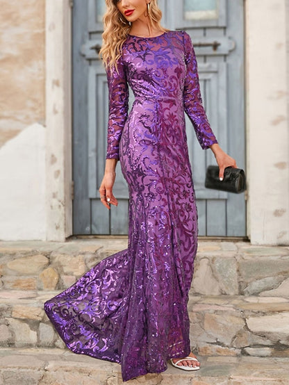 Womenâ€˜s Formal Party Dress Sequin Dress Sheath Dress Long Dress Maxi Dress Purple Gold Long Sleeve Sequins Winter Fall Autumn Crew Neck Fashion Winter Dress Weekend S M L XL XXL 3XL 4XL 5XL - LuckyFash™