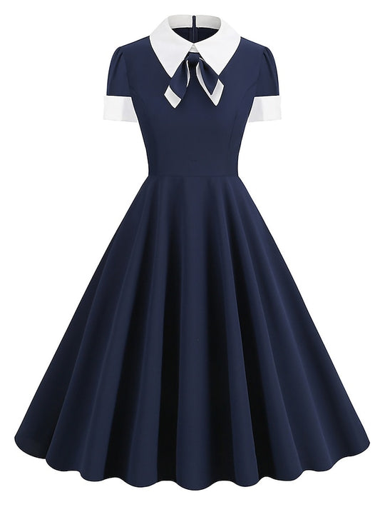Women's Elegant Classic Vintage Dress Midi Dress Outdoor Daily Ruched Patchwork Color Block Lapel Short Sleeve Regular Fit Summer Spring 2023 Navy S M L XL - LuckyFash™