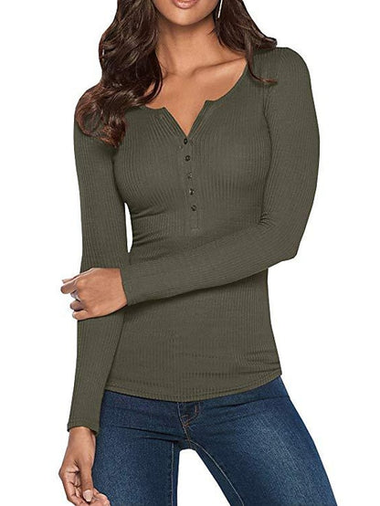 Women's Henley Shirt T shirt Tee Black White Yellow Plain Button Long Sleeve Casual Daily Basic Crew Neck Regular S - LuckyFash™