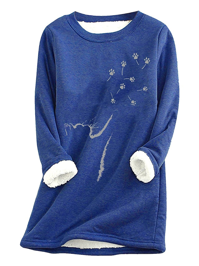 Women's Fleece Pullover Sweatshirt Wine Red West Red Black Animal Cat Print Long Sleeve Home Daily Basic Casual Sherpa Fleece Crew Neck Cotton L - LuckyFash™