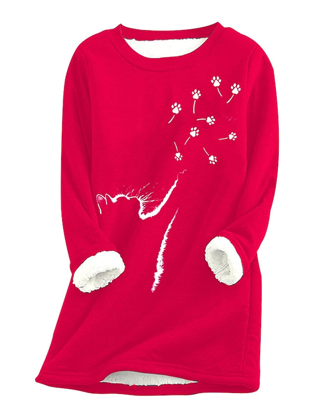 Women's Fleece Pullover Sweatshirt Wine Red West Red Black Animal Cat Print Long Sleeve Home Daily Basic Casual Sherpa Fleece Crew Neck Cotton L - LuckyFash™
