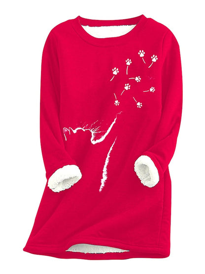 Women's Fleece Pullover Sweatshirt Wine Red West Red Black Animal Cat Print Long Sleeve Home Daily Basic Casual Sherpa Fleece Crew Neck Cotton L - LuckyFash™