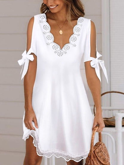 Women's Lace Dress White Dress A Line Dress Mini Dress White Short Sleeve Pure Color Lace Summer Spring V Neck Stylish 2023 S M L XL XXL - LuckyFash™