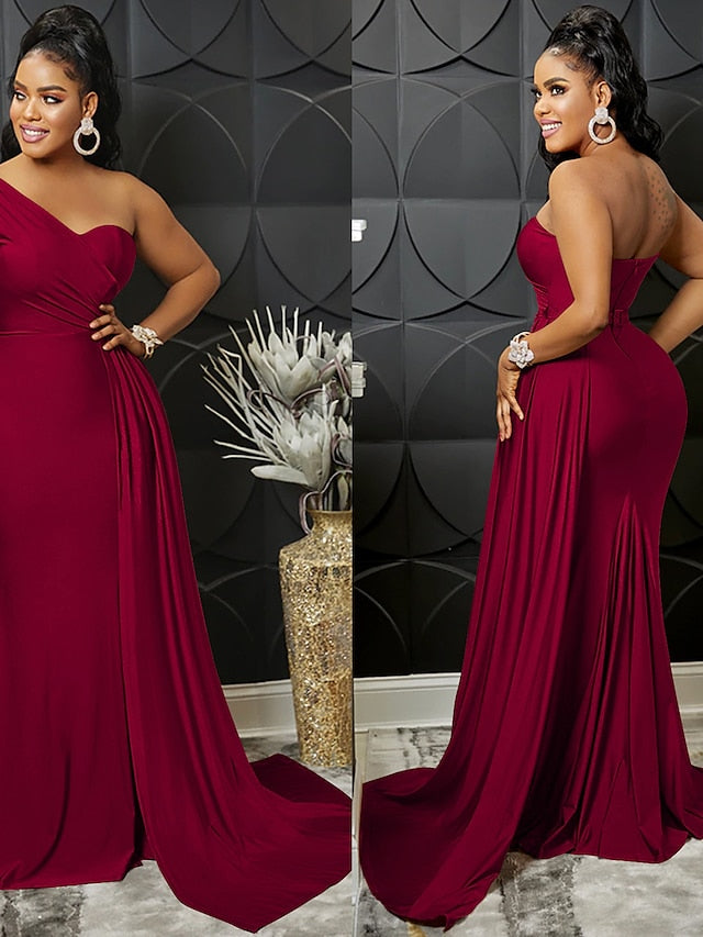 Womenâ€˜s Formal Party Dress Wedding Guest Dress Bodycon Long Dress Maxi Dress claret Black Blue Sleeveless Pure Color Patchwork Winter Fall Autumn One Shoulder Evening Party Slim 2023 S M L XL 2XL - LuckyFash™
