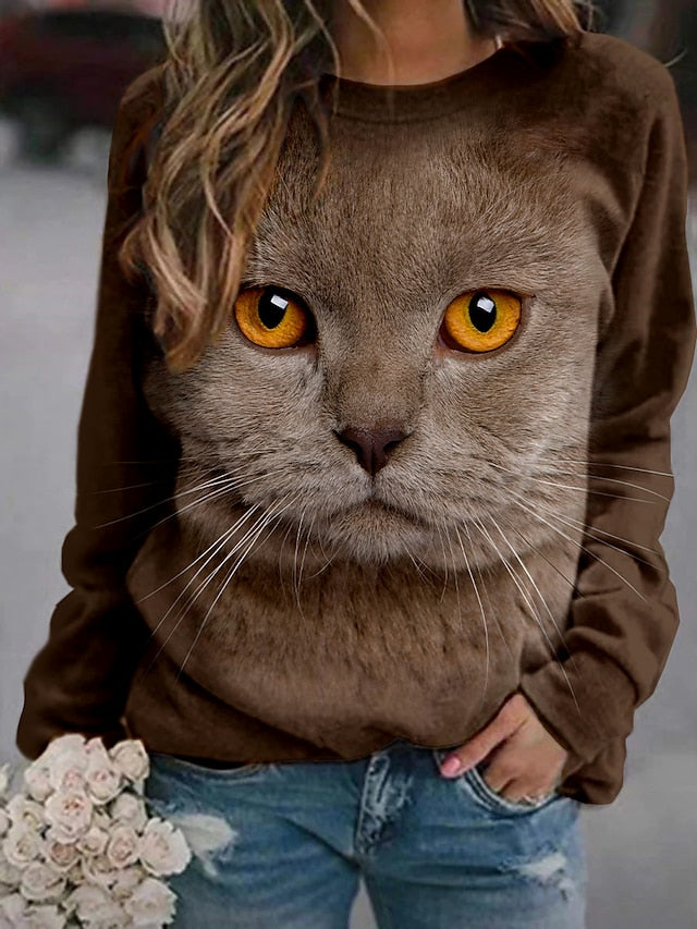 Women's Hoodie Sweatshirt Cat Graphic 3D Print Daily 3D Print Basic Casual Hoodies Sweatshirts  Gray Brown White - LuckyFash™