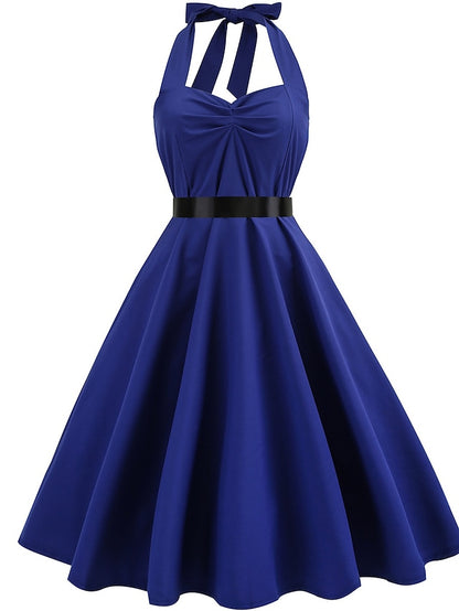 Women's Elegant Retro Vintage Tea Dresses Midi Dress Outdoor Daily Ruched Backless Plain Halter Sleeveless Regular Fit Summer Spring 2023 Black Blue S M L XL - LuckyFash™