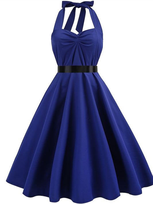 Women's Elegant Retro Vintage Tea Dresses Midi Dress Outdoor Daily Ruched Backless Plain Halter Sleeveless Regular Fit Summer Spring 2023 Black Blue S M L XL - LuckyFash™