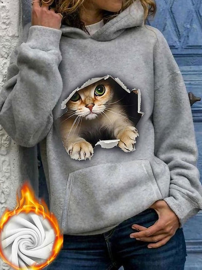 Women's Hoodie Sweatshirt Pullover Sherpa Fleece Teddy Black Khaki Dark Gray Cat Street Hoodie Long Sleeve Fleece - LuckyFash™