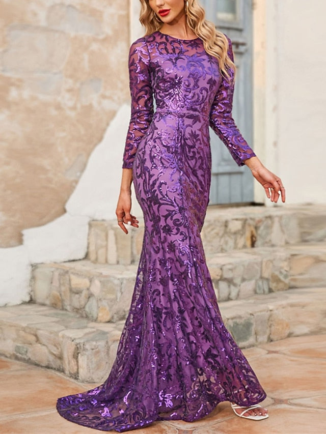 Womenâ€˜s Formal Party Dress Sequin Dress Sheath Dress Long Dress Maxi Dress Purple Gold Long Sleeve Sequins Winter Fall Autumn Crew Neck Fashion Winter Dress Weekend S M L XL XXL 3XL 4XL 5XL - LuckyFash™