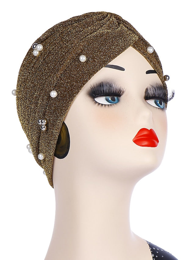 Fashion Women Turban Gold Shiny Hat for Lady Pearl Beading Bright Hat Indian Style Muslim Thin Head Wraps - LuckyFash™