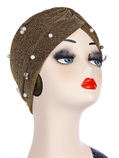 Fashion Women Turban Gold Shiny Hat for Lady Pearl Beading Bright Hat Indian Style Muslim Thin Head Wraps - LuckyFash™