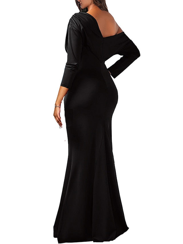 Womenâ€˜s Formal Party Dress Sheath Dress Long Dress Maxi Dress Black Blue Red Long Sleeve Pure Color Ruched Fall Spring One Shoulder Winter Dress 2023 S M L XL XXL - LuckyFash™