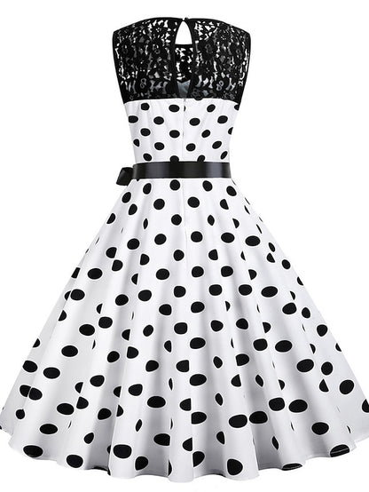 Women's Elegant Retro Vintage Dress Midi Dress Outdoor Holiday Lace Polka Dot Crew Neck Sleeveless Regular Fit Summer Spring 2023 Black White S M L XL - LuckyFash™