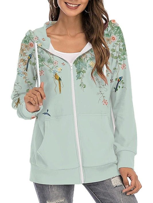 Women's Hoodie Zip Hoodie Sweatshirt Pullover Active Streetwear Zipper Print Green Brown Light Green Floral Graphic Prints Daily Hooded Long Sleeve S M L XL XXL / 3D Print - LuckyFash™