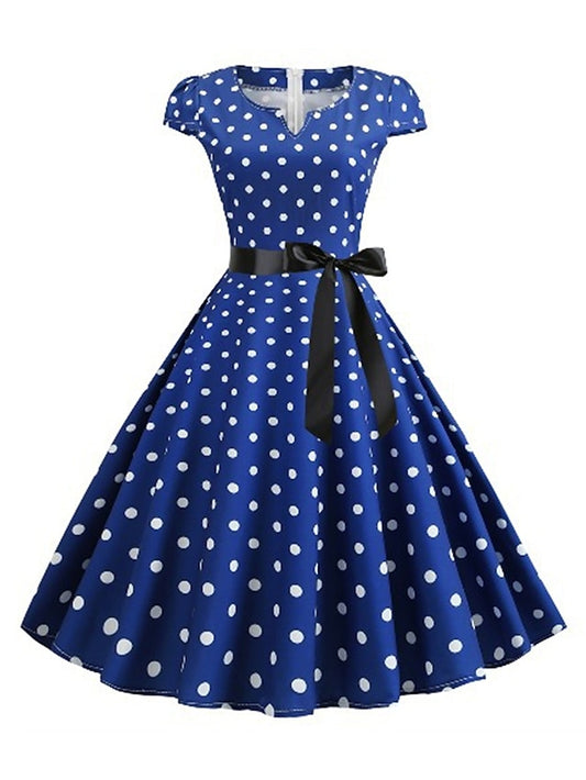 Women's Elegant Retro Vintage Dress Midi Dress Party Outdoor Print Polka Dot V Neck Short Sleeve Regular Fit Summer Spring 2023 Light Blue Black S M L XL - LuckyFash™