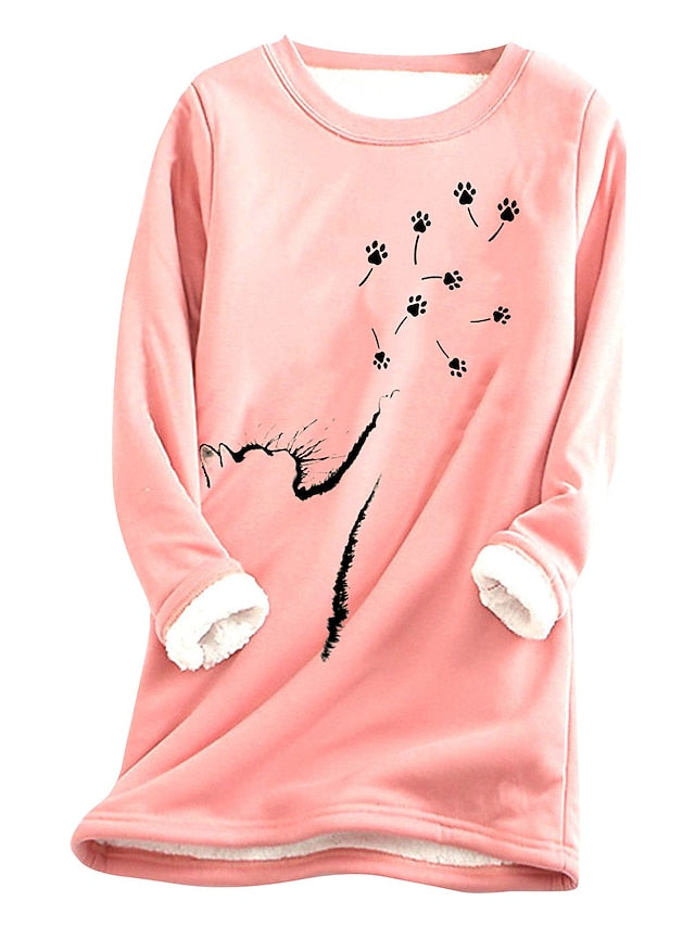 Women's Fleece Pullover Sweatshirt Wine Red West Red Black Animal Cat Print Long Sleeve Home Daily Basic Casual Sherpa Fleece Crew Neck Cotton L - LuckyFash™