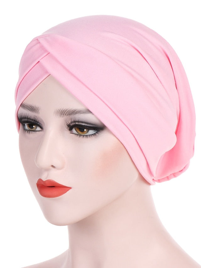 Solid Stretch Fabric Forehead Cross India Cap Turban Hat Women Elastic Turban Muslim Hijab Islamic India Hair Loss Caps Scarf Headwraps - LuckyFash™