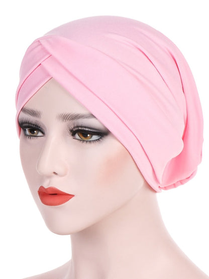 Solid Stretch Fabric Forehead Cross India Cap Turban Hat Women Elastic Turban Muslim Hijab Islamic India Hair Loss Caps Scarf Headwraps - LuckyFash™