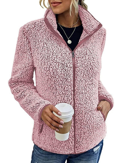 Women's Fleece Jacket Sherpa Fleece Teddy Pocket Zip Up Black Pink Navy Blue Solid Color Street V Neck Long Sleeve Fleece - LuckyFash™