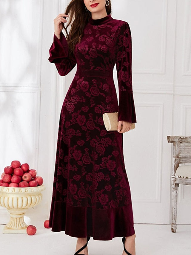 Womenâ€˜s Formal Party Dress Wedding Guest Dress Velvet Dress Red Long Dress Maxi Dress Wine Dark Blue Long Sleeve Floral Velvet Print Winter Fall Stand Collar Fashion Elegant Fall Dress 2023 S M L XL - LuckyFash™
