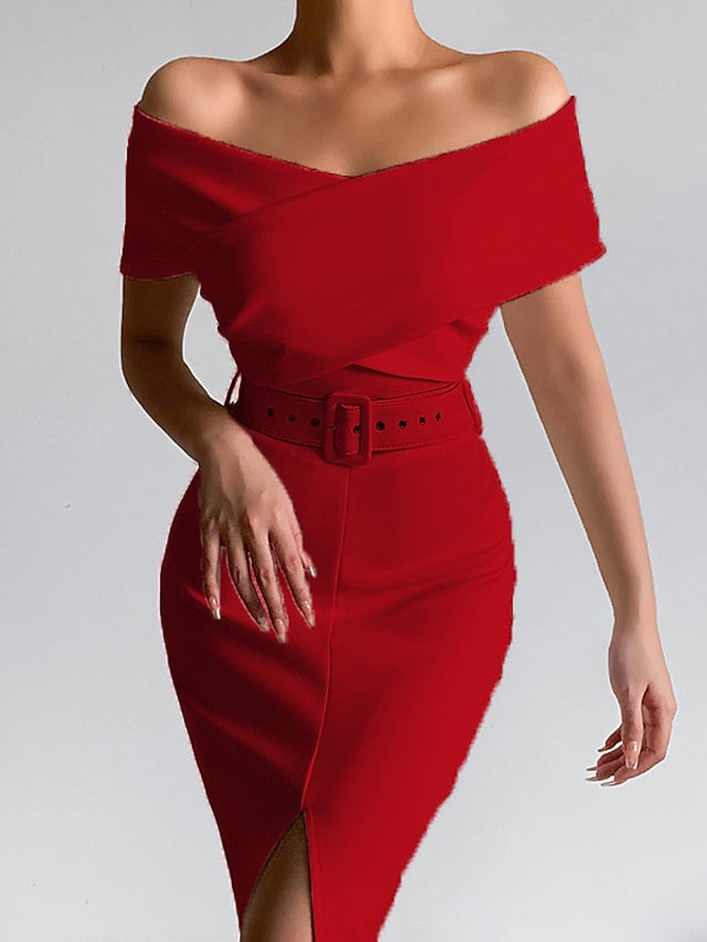 Womenâ€˜s Formal Party Dress Wedding Guest Dress Bodycon Sheath Dress Midi Dress Black White Pink Short Sleeve Pure Color Backless Spring Summer Autumn Off Shoulder Stylish Slim 2023 S M L XL XXL 3XL - LuckyFash™