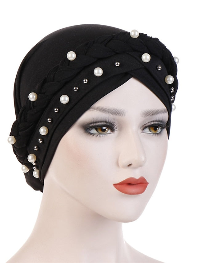 Women Fashion Pearls Muslim Scarf Hijabs Hat Women India Hat Solid Turban Hat Wrap Cap Head Scarf Headscarf Hat Female Hair Accessories - LuckyFash™