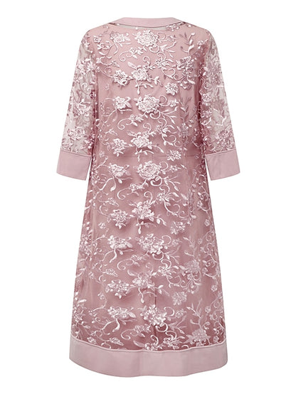 Women's Lace Dress Dress Set Two Piece Dress Midi Dress Pink Half Sleeve Pure Color Mesh Summer Spring Fall Crew Neck Fashion Office Wedding Guest 2023 S M L XL XXL 3XL - LuckyFash™