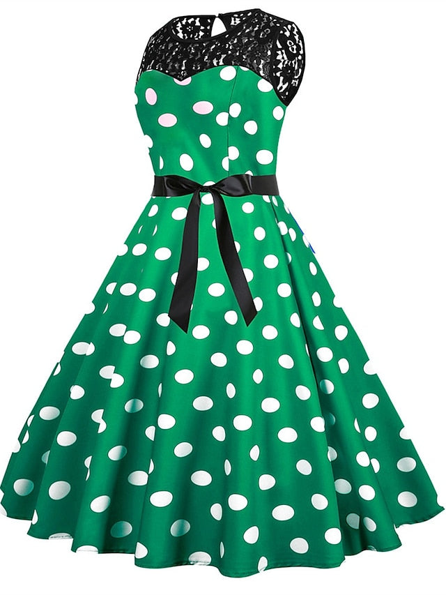 Women's Elegant Retro Vintage Dress Midi Dress Outdoor Holiday Lace Polka Dot Crew Neck Sleeveless Regular Fit Summer Spring 2023 Black White S M L XL - LuckyFash™