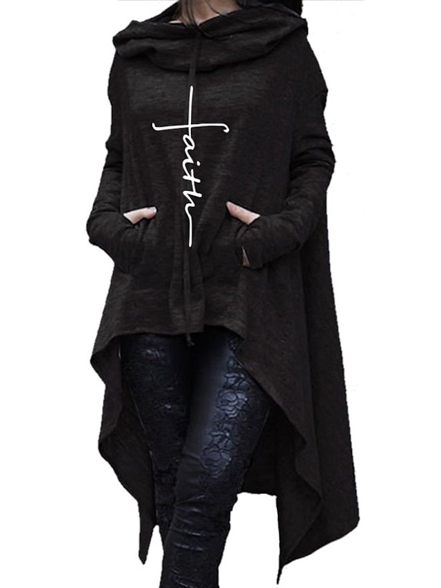 women's faith hoodie sweatshirt irregular hem midi long hooded pullover casual loose sweater tracksuit black - LuckyFash™