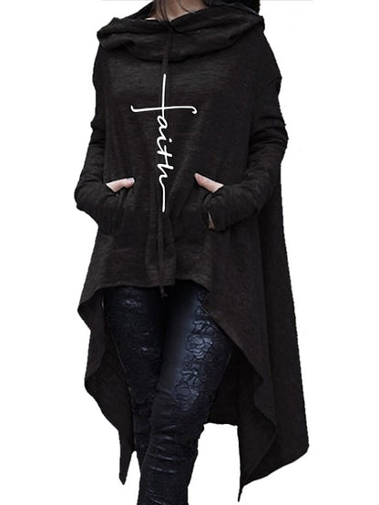 women's faith hoodie sweatshirt irregular hem midi long hooded pullover casual loose sweater tracksuit black - LuckyFash™