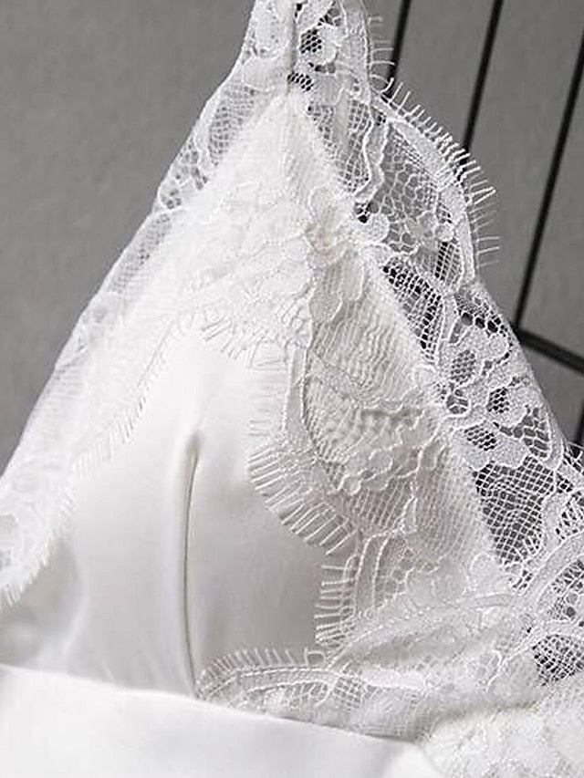 Gift Pajamas Nightgown Home Party Daily Lace Pure Color Polyester Satin Simple Casual Soft Spring Summer V Neck Sleeveless for Women - LuckyFash™