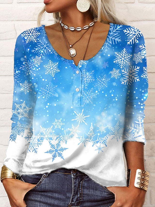 Women's Henley Shirt T shirt Tee Maroon Grass Green White Galaxy Sparkly Button Print Long Sleeve Casual Weekend Basic Round Neck Regular Painting S - LuckyFash™