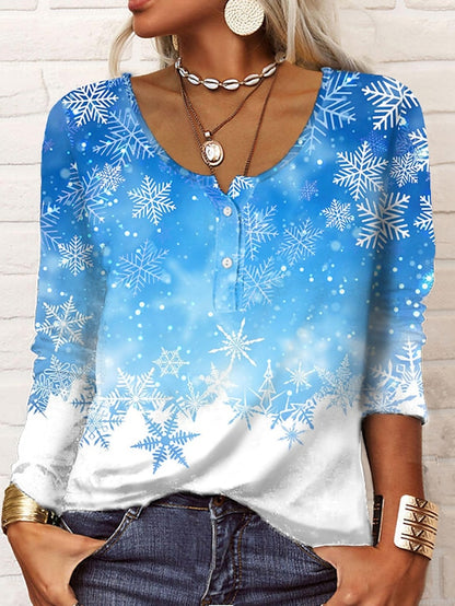 Women's Henley Shirt T shirt Tee Maroon Grass Green White Galaxy Sparkly Button Print Long Sleeve Casual Weekend Basic Round Neck Regular Painting S - LuckyFash™