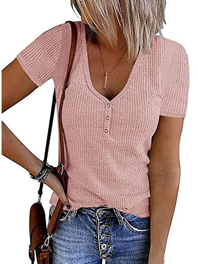 Women's Henley Shirt T shirt Tee Black White Pink Plain Button Short Sleeve Casual Daily Sexy Round Neck Regular S - LuckyFash™