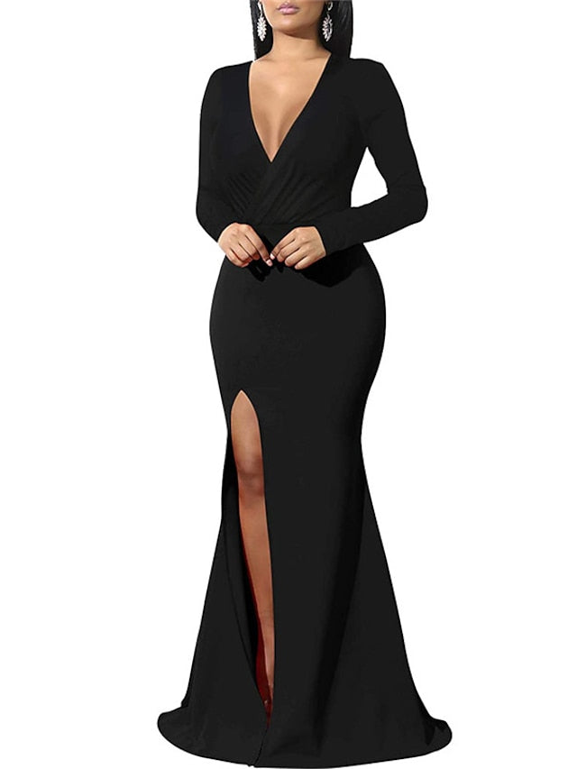 Womenâ€˜s Formal Party Dress Wedding Guest Dress Cocktail Dress Formal Dress Long Dress Maxi Dress Black Blue Wine Long Sleeve Pure Color Split Fall V Neck Winter Dress S M L XL XXL - LuckyFash™