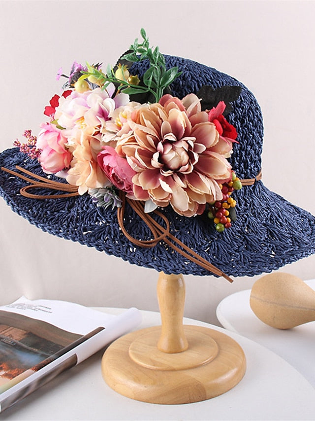 Women's Hat Straw Hat Sun Hat Pink Khaki Navy Blue Party Outdoor Dailywear Floral Floral Portable Windproof Comfort - LuckyFash™
