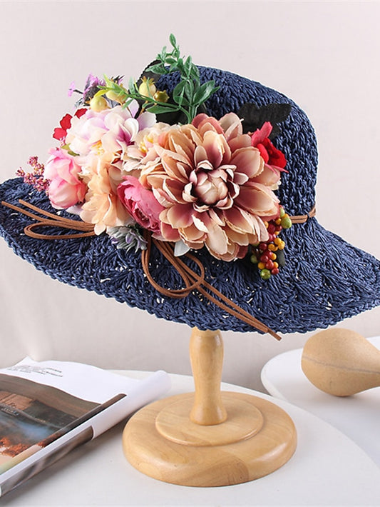 Women's Hat Straw Hat Sun Hat Pink Khaki Navy Blue Party Outdoor Dailywear Floral Floral Portable Windproof Comfort - LuckyFash™