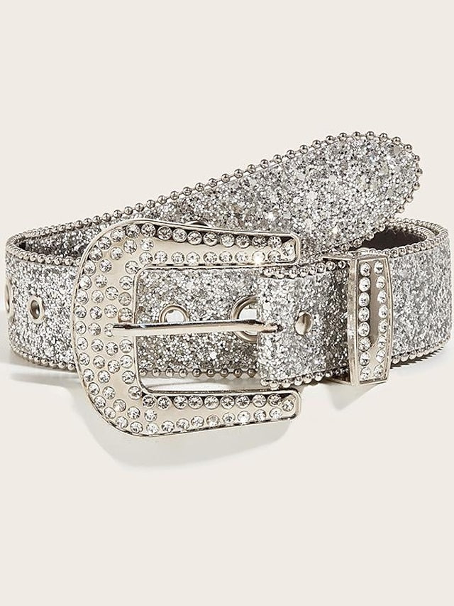 Women's PU Buckle Belt Metal Bucke Crystal Rhinestone Eyelet Classic Wedding Party 3.8CM beaded car side bead size eyelet buckle (silver) 3.8CM beaded car side bead size eyelet buckle (black) - LuckyFash™