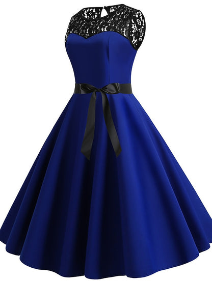 Women's Lace Dress Vintage Dress Swing Dress Midi Dress Light Blue Wine Red Black Sleeveless Print Lace up Summer Spring Fall Crew Neck 1950s Party Spring Dress 2023 S M L XL XXL - LuckyFash™