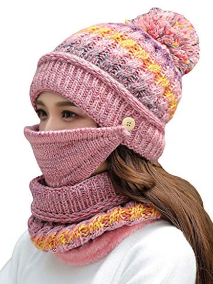 women girls knitted hat scarf mask set winter fleece lined beanie knit ear flaps hat with pompom (pink) - LuckyFash™
