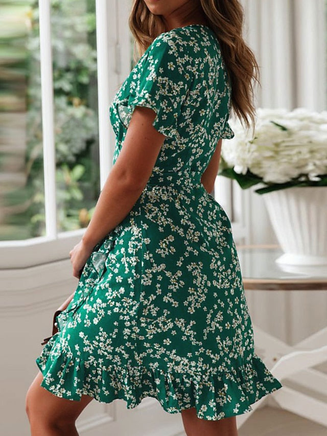 Women's Emerald Green Dress Wrap Dress Mini Dress Navy Blue Green Short Sleeve Floral Ruffle Summer Spring V Neck Basic Vacation Summer Dress Spring Dress 2023 S M L XL XXL - LuckyFash™