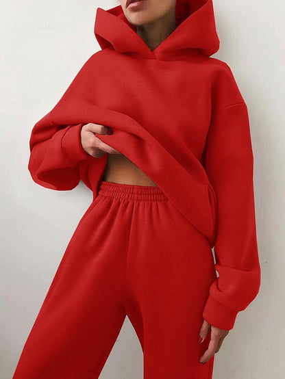 Hoodie 2 Piece Solid / Plain Color Sports Regular Winter Creamy-white ArmyGreen Big red Purple Pink for Women - LuckyFash™