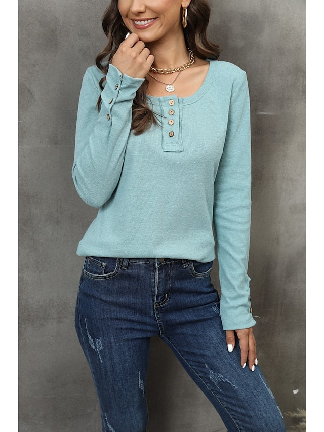 Henley Shirt Pullover Sweatshirt Black White Red Plain Button Long Sleeve Casual Basic Round Neck Regular S for Women - LuckyFash™