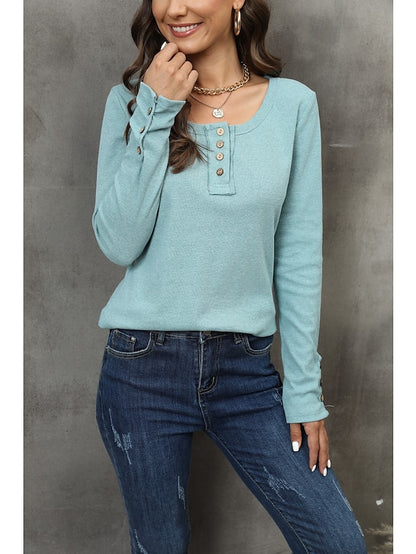 Henley Shirt Pullover Sweatshirt Black White Red Plain Button Long Sleeve Casual Basic Round Neck Regular S for Women - LuckyFash™