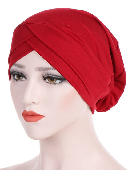 Solid Stretch Fabric Forehead Cross India Cap Turban Hat Women Elastic Turban Muslim Hijab Islamic India Hair Loss Caps Scarf Headwraps - LuckyFash™