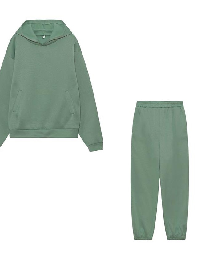 Hoodie 2 Piece Solid / Plain Color Sports Regular Winter Creamy-white ArmyGreen Big red Purple Pink for Women - LuckyFash™