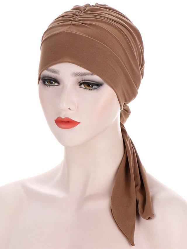 Muslim Women Stretch Solid Wrinkle Turban Hat Cancer Chemo Beanies Caps Pre-Tied Scarf Headwear Headwrap Simple Hair Accessories - LuckyFash™